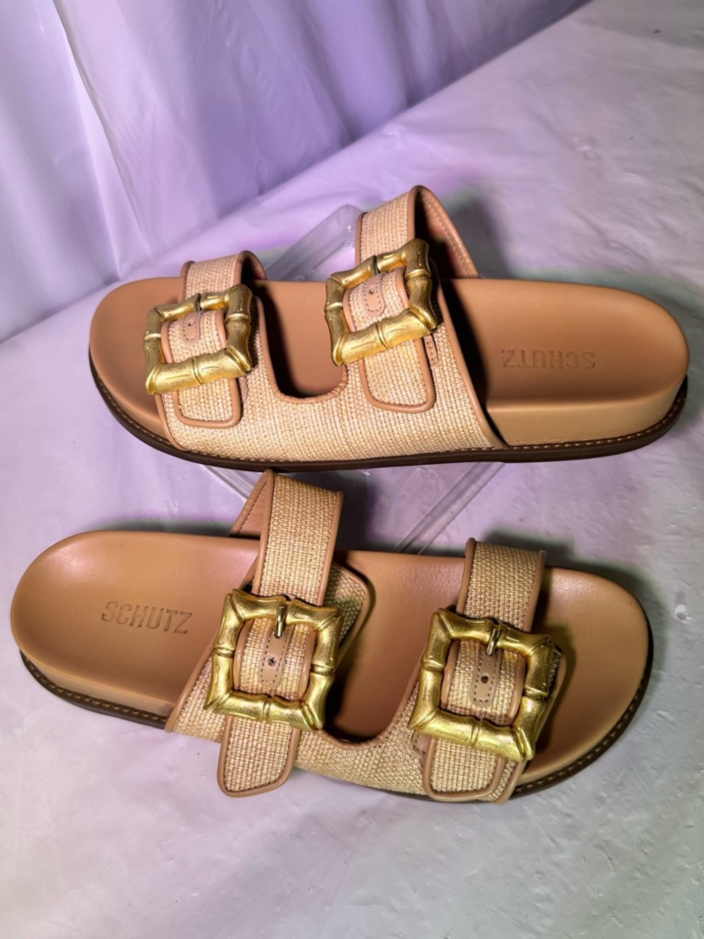 SCHUTZ Tan Slide Sandals with Gold Buckle Accents - Picture 3 of 11